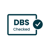 A digital graphic badge with a white rounded rectangle containing the text 'DBS Checked' in dark teal, alongside a dark teal circular checkmark icon, set against a solid dark green background.
