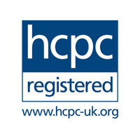 A blue and white HCPC registered logo with the text 'hcpc', 'registered', and 'www.hcpc-uk.org'.