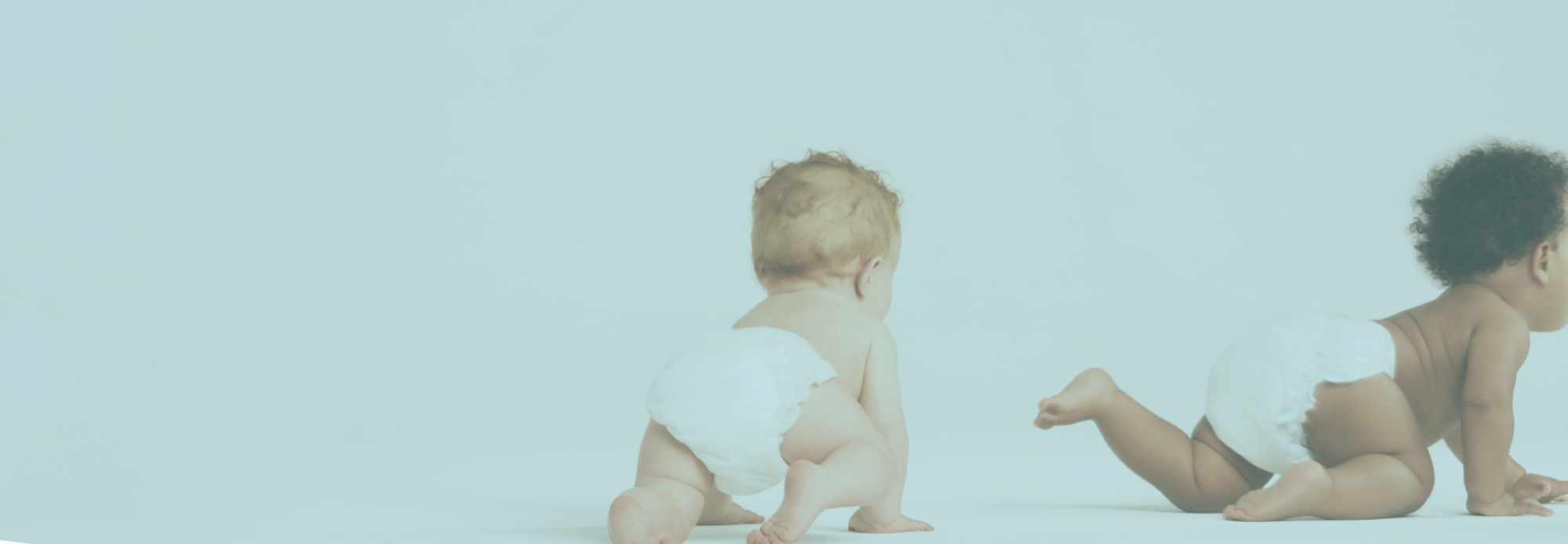 Two babies wearing white diaper cover pants crawling on a light blue studio background.