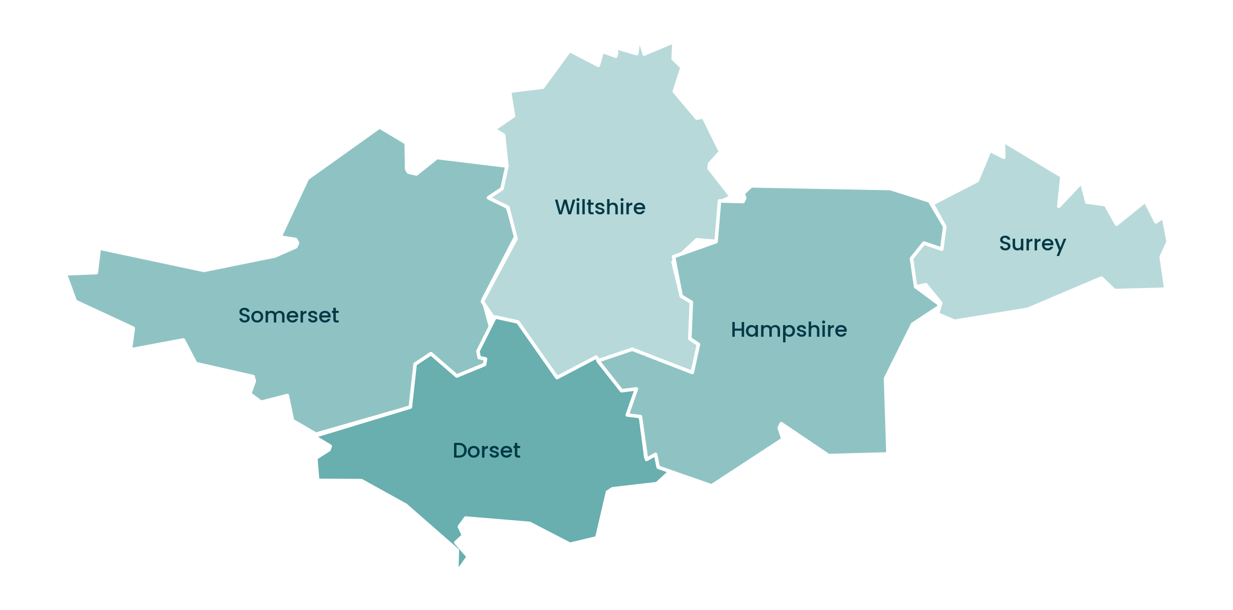 A simple map graphic showing multiple county-like regions labeled Somerset, Wiltshire, Hampshire, Dorset, and Surrey on a white background.