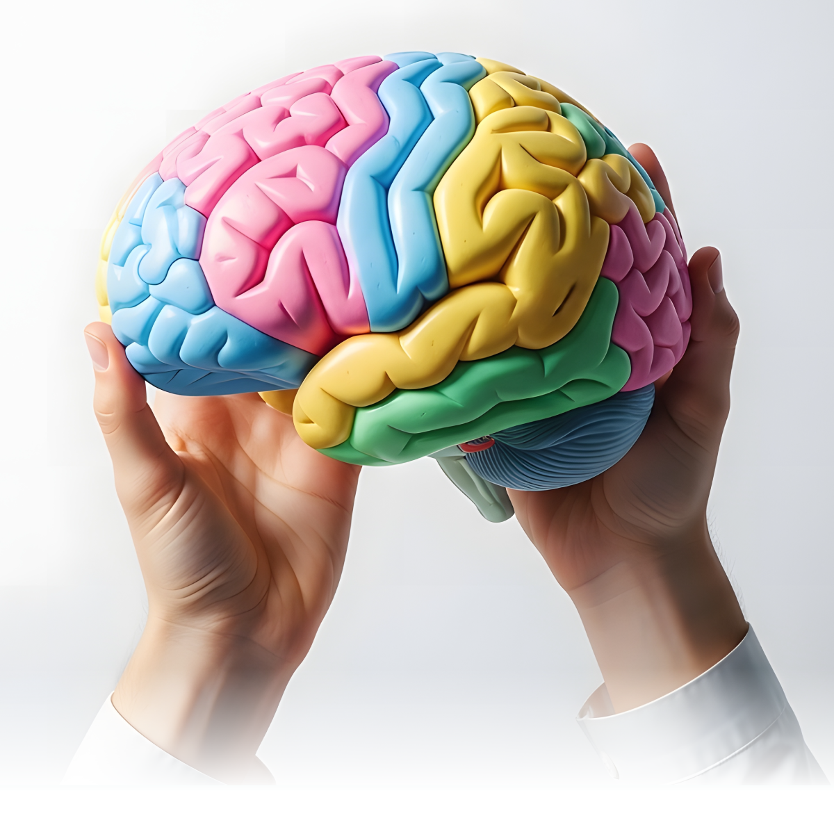 A colorful 3D model of a human brain with distinct lobes in pink, blue, yellow, green, and purple, held by two hands wearing white sleeves against a light background with a teal graphic wave at the bottom.