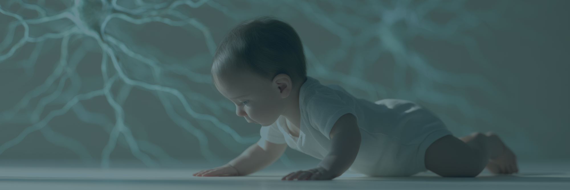 A baby in a white onesie crawls on a glossy surface against a dark teal background with glowing neuron-like patterns.