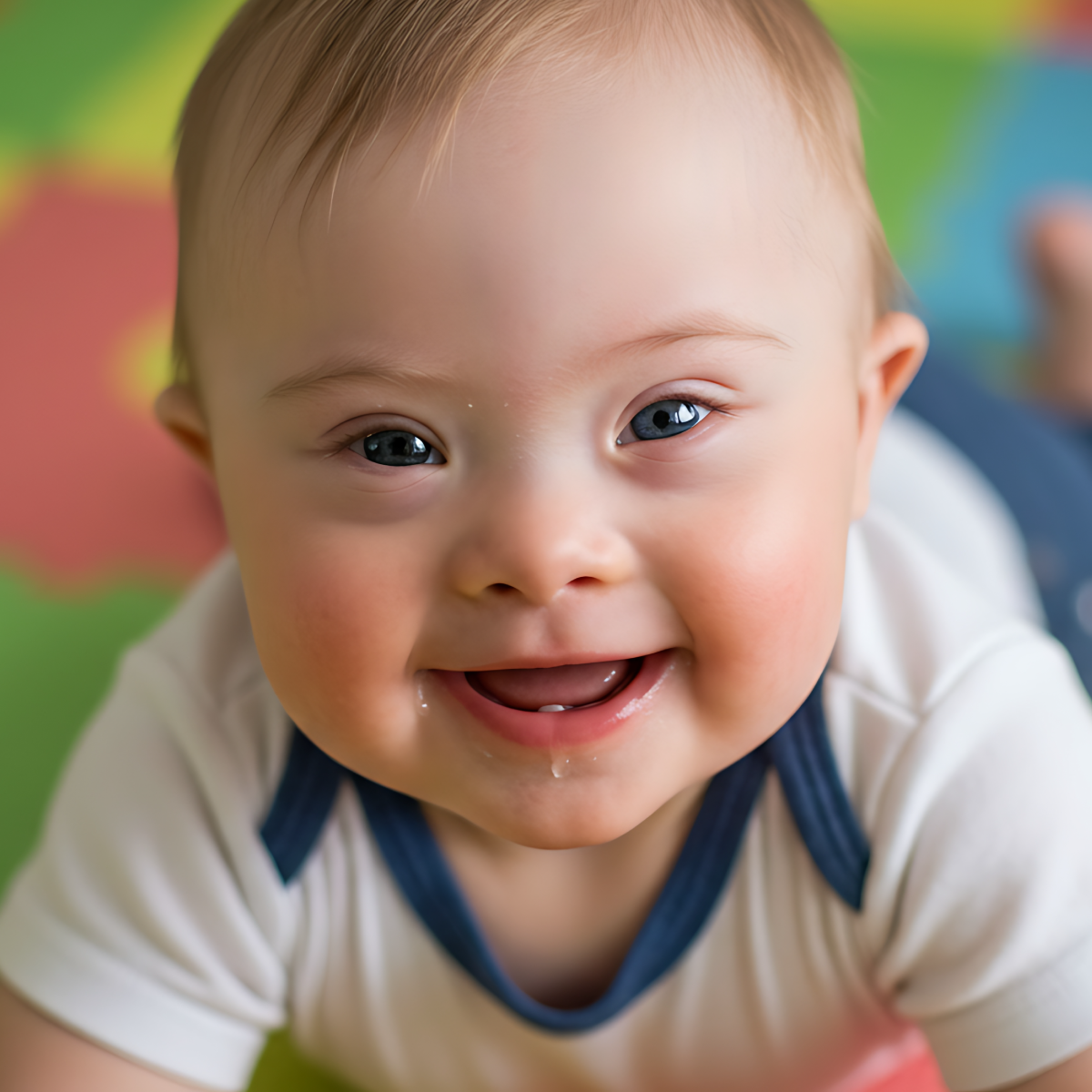 A close-up of a smiling baby lying on their stomach, wearing a white long-sleeve top with a navy blue collar. The background is a soft-focus multicolor play mat, and there is a light blue graphic overlay at the bottom of the frame.