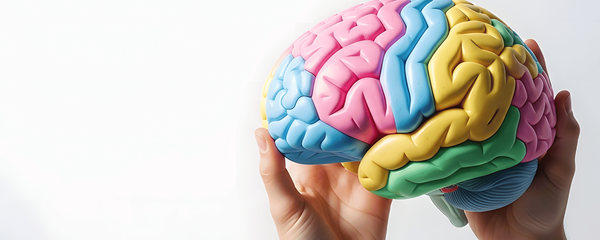 A colorful anatomical model of a human brain held in two hands against a plain white background.