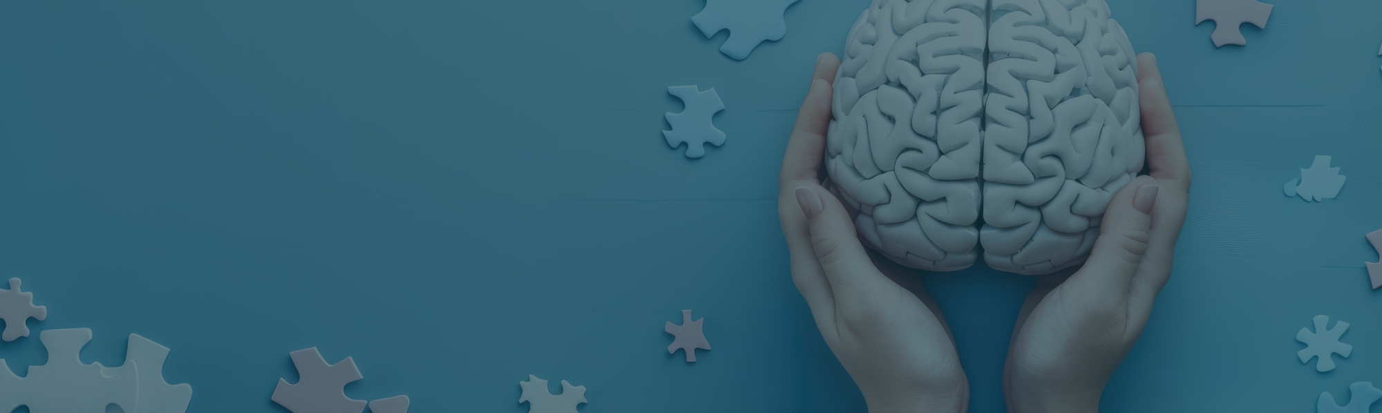 Hands holding a gray brain model against a blue background with scattered white puzzle pieces.