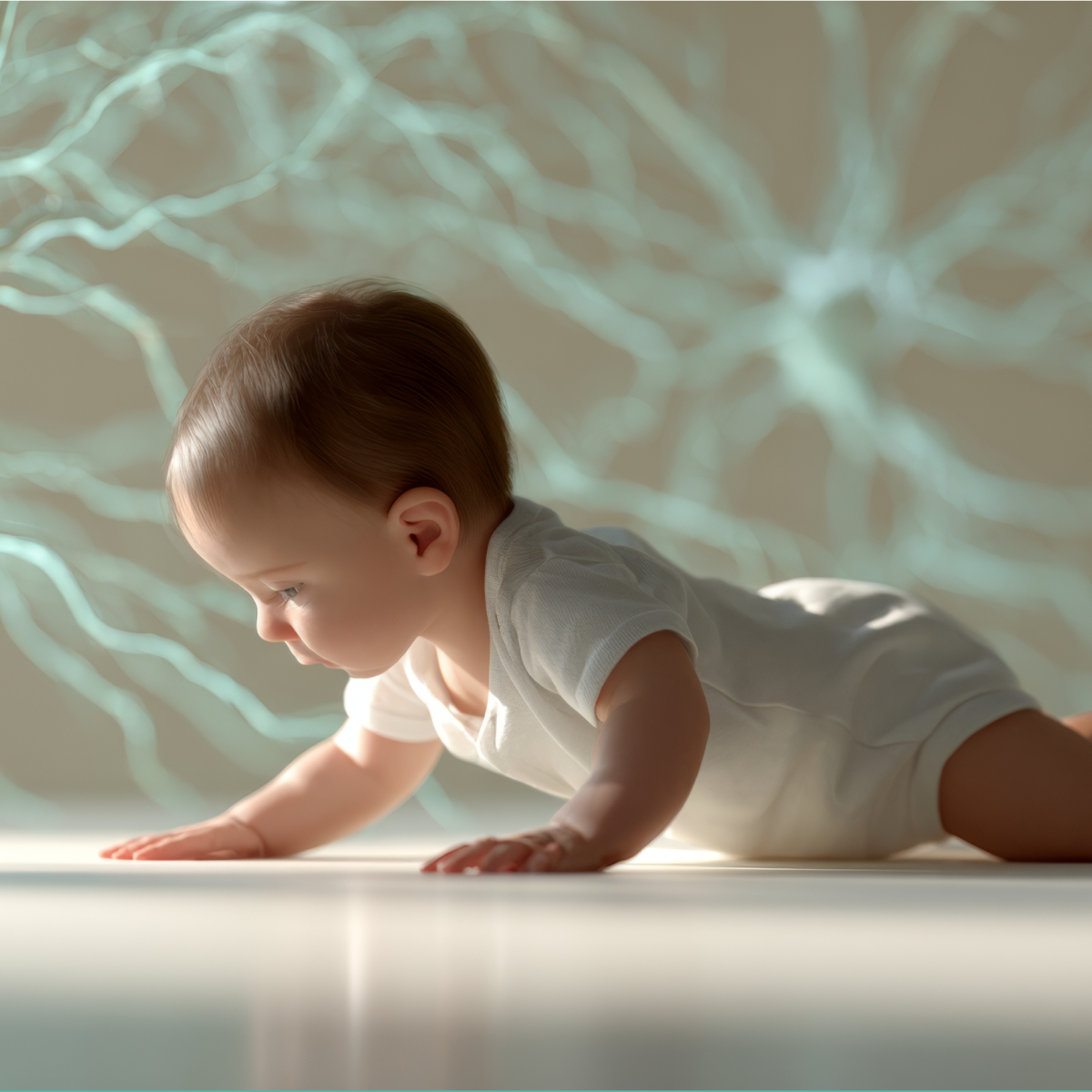 A baby in a white short-sleeve bodysuit crawling on a white surface, with a soft beige background and a decorative teal wave graphic at the bottom.