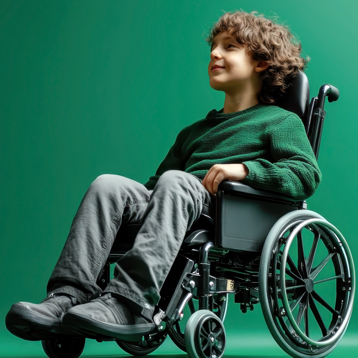 A young boy with curly brown hair sits in a black manual wheelchair, wearing a textured green sweater and gray pants, set against a solid green background with a light teal wave graphic at the bottom.