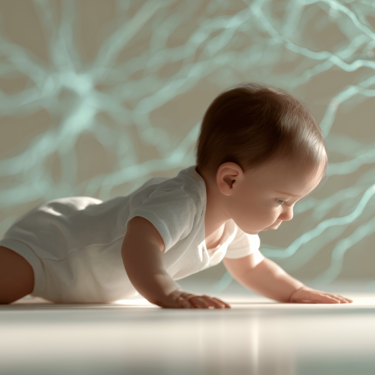 A baby wearing a white short-sleeve bodysuit crawls on a white surface against a soft beige background with a glowing, abstract tree-like projection.