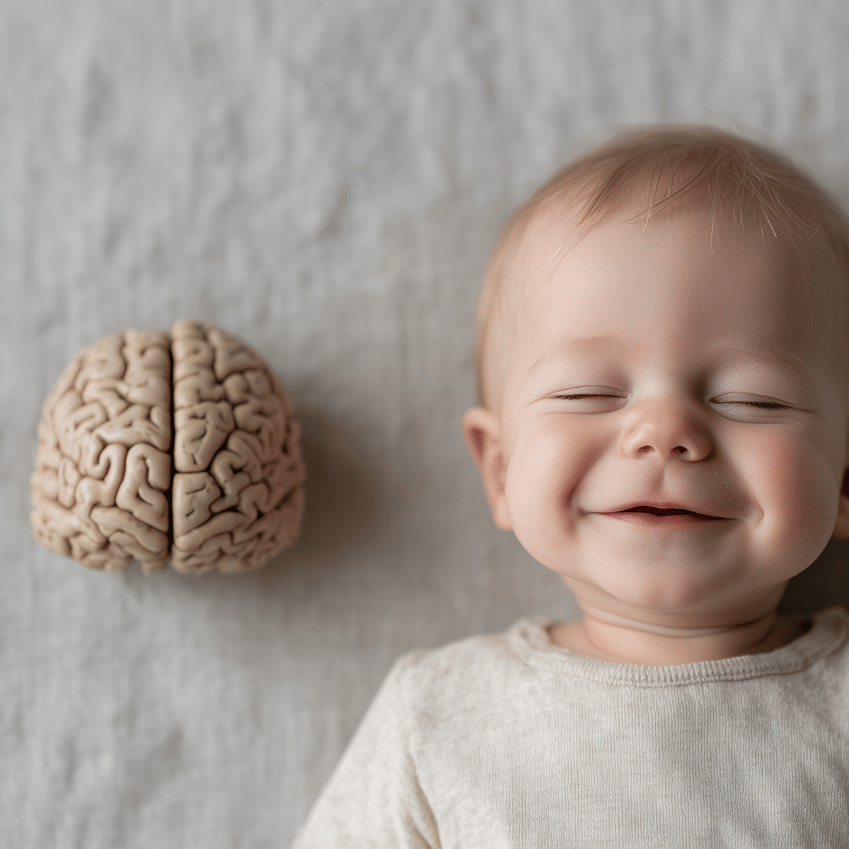 A close-up of a smiling baby lying on a textured light gray blanket, positioned next to a small beige brain model.
