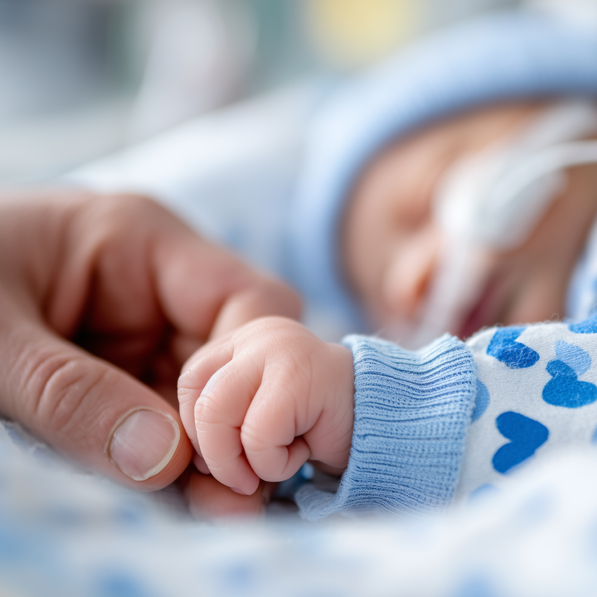 A close-up of an adult hand holding a baby's tiny hand. The baby is wearing a light blue ribbed knit sleeve with blue heart patterns on a white fabric, and a soft blue blanket is blurred in the background.